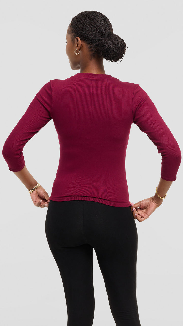 Vivo 3/4 Sleeve Crew Neck Top in Rib - Maroon