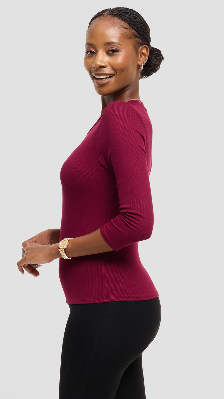 Vivo 3/4 Sleeve Crew Neck Top in Rib - Maroon