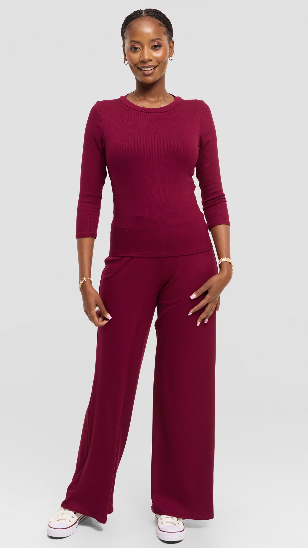 Vivo 3/4 Sleeve Crew Neck Top in Rib - Maroon