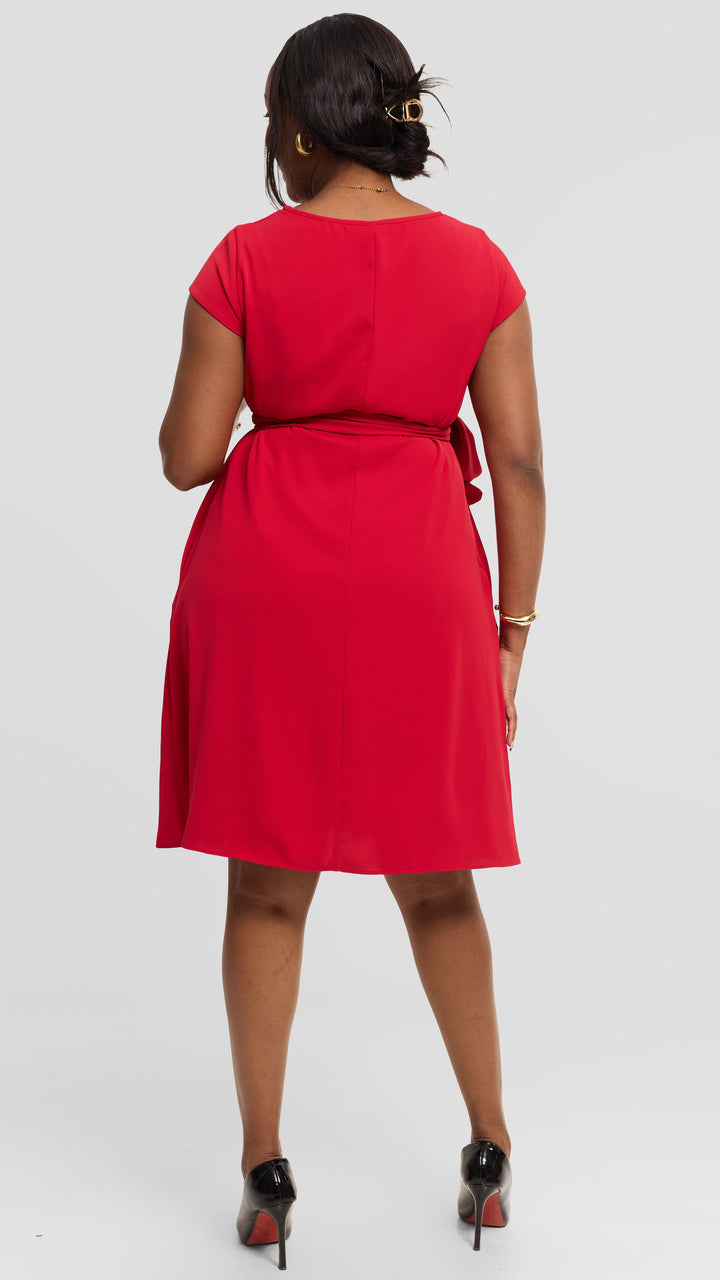 Vivo Basic Cap Sleeve Tent Knee Length Dress in Crepe - Red