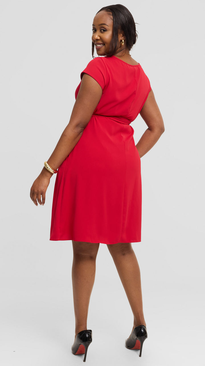 Vivo Basic Cap Sleeve Tent Knee Length Dress in Crepe - Red