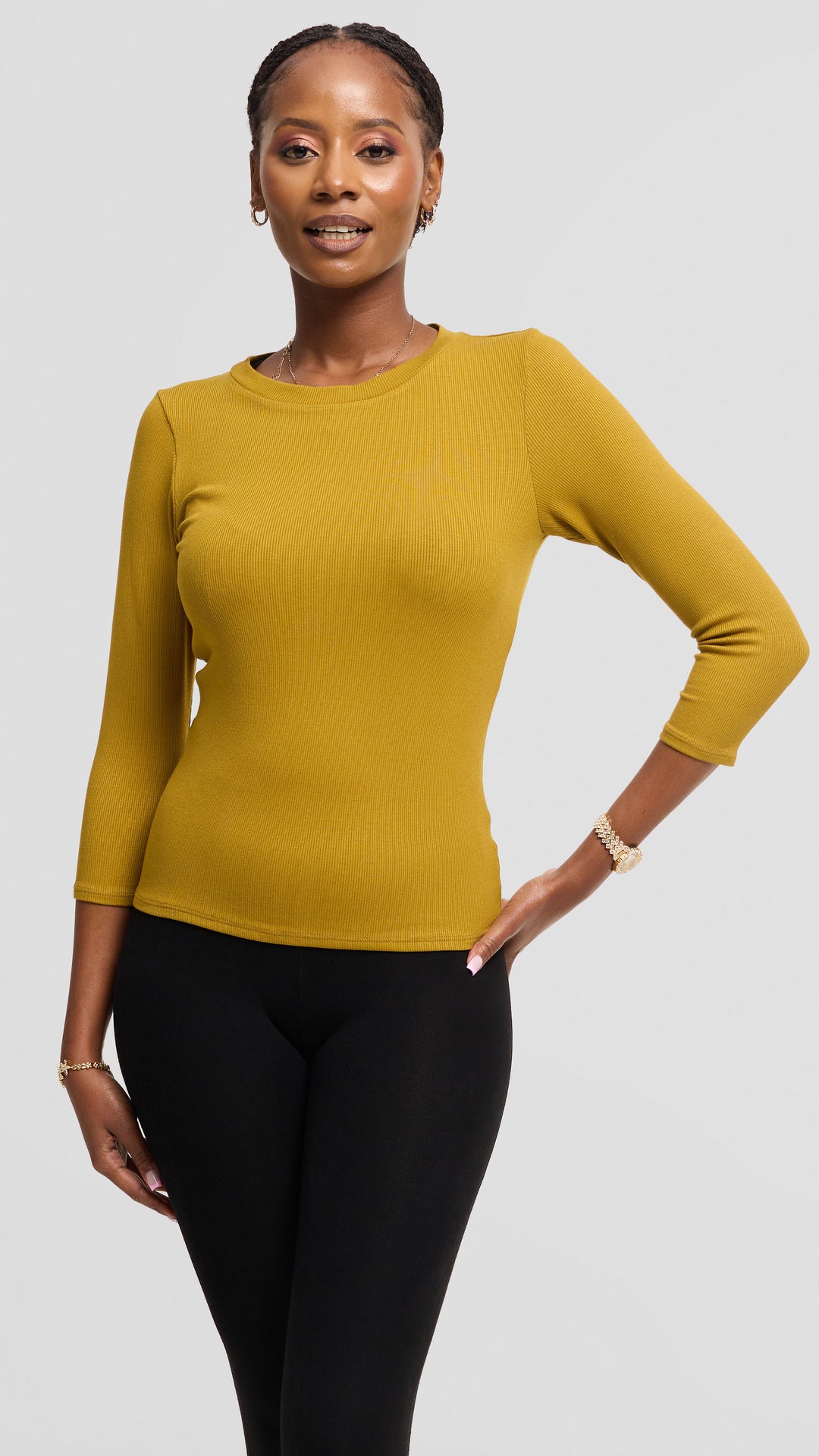 Vivo 3/4 Sleeve Crew Neck Top in Rib - Olive