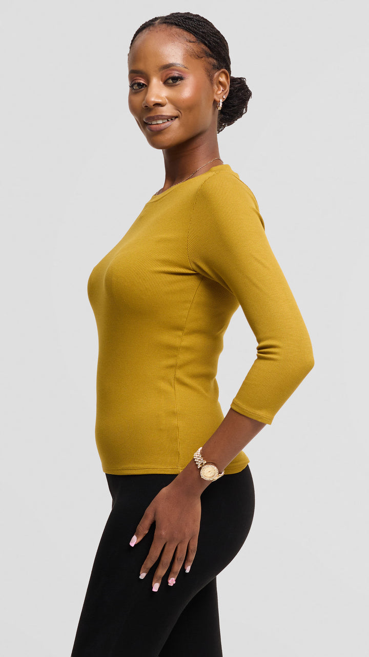 Vivo 3/4 Sleeve Crew Neck Top in Rib - Olive