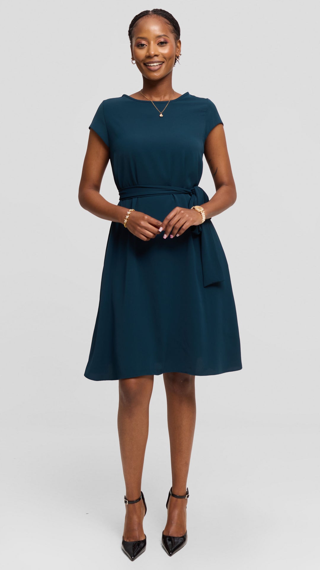 Vivo Basic Cap Sleeve Tent Knee Length Dress in Crepe - Dark Teal