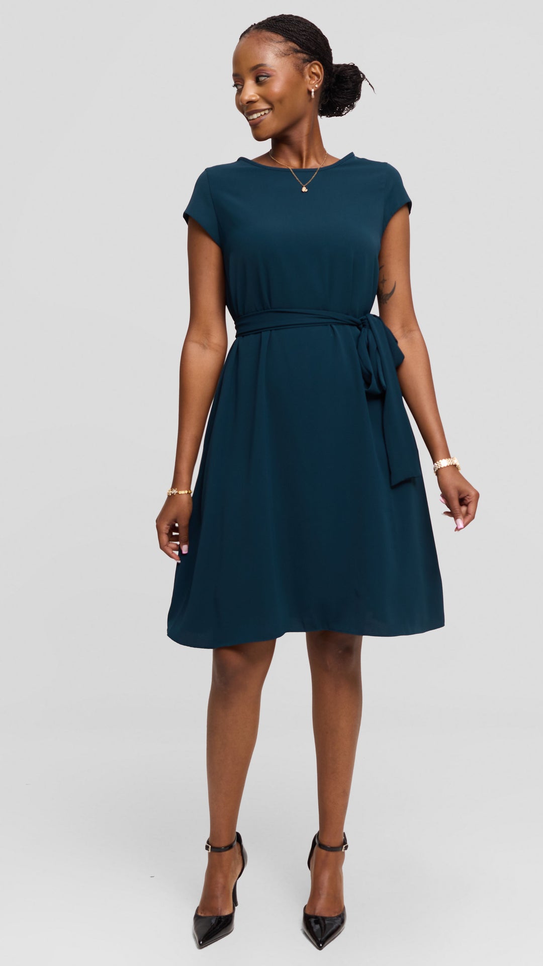 Vivo Basic Cap Sleeve Tent Knee Length Dress in Crepe - Dark Teal