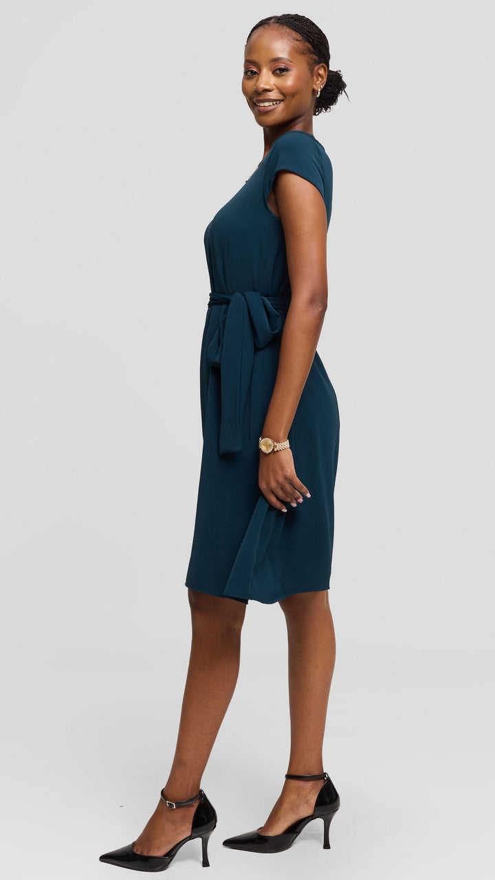 Vivo Basic Cap Sleeve Tent Knee Length Dress in Crepe - Dark Teal