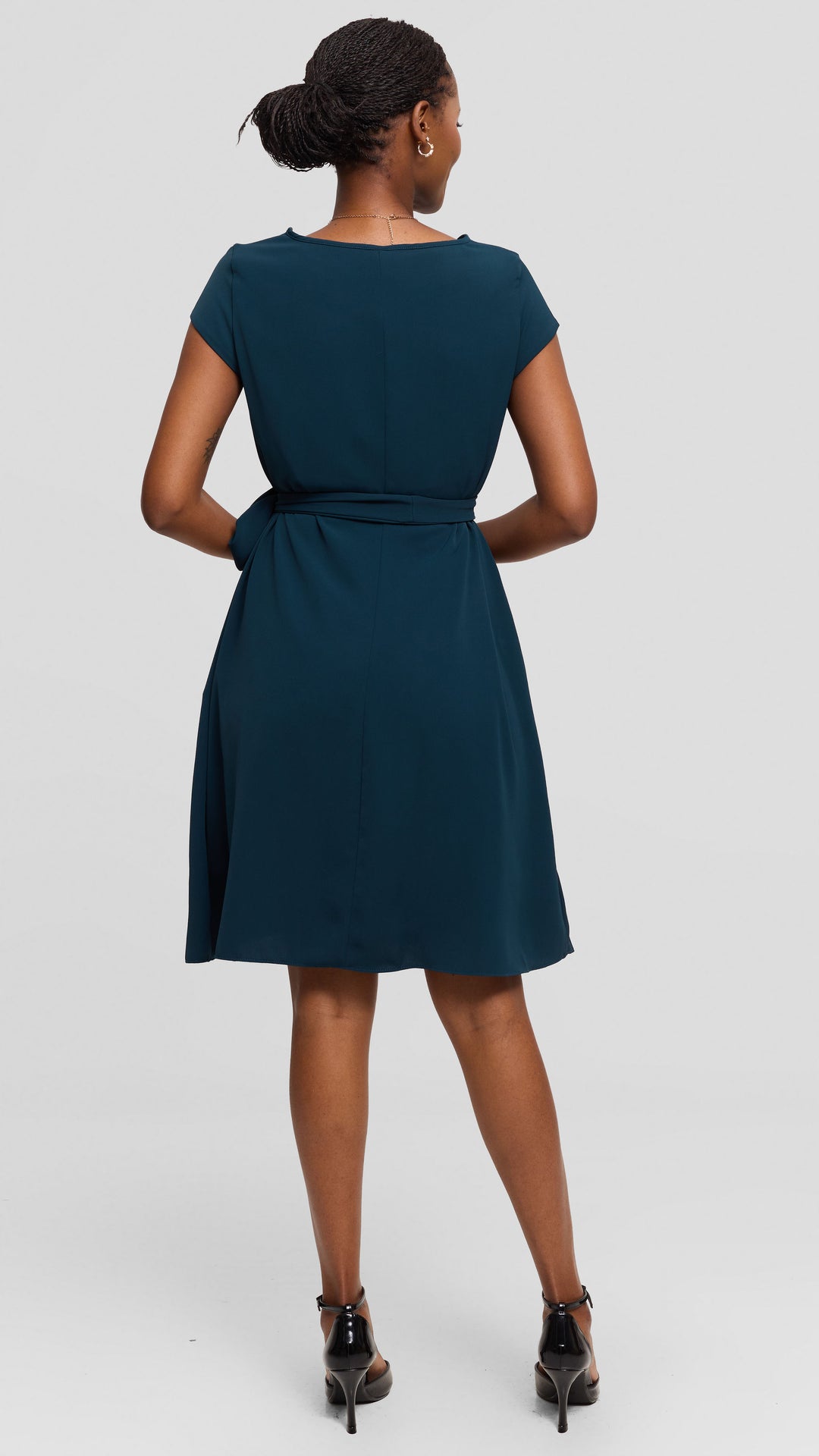 Vivo Basic Cap Sleeve Tent Knee Length Dress in Crepe - Dark Teal