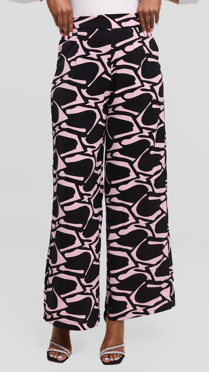 Vivo Maisha Straight Leg Pants in Crepe - Black / Pink Print