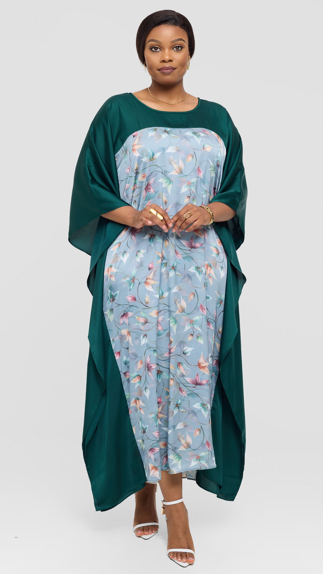 Vivo Keza Satin Border Maxi Kaftan - Mint / Olive Abstract Print
