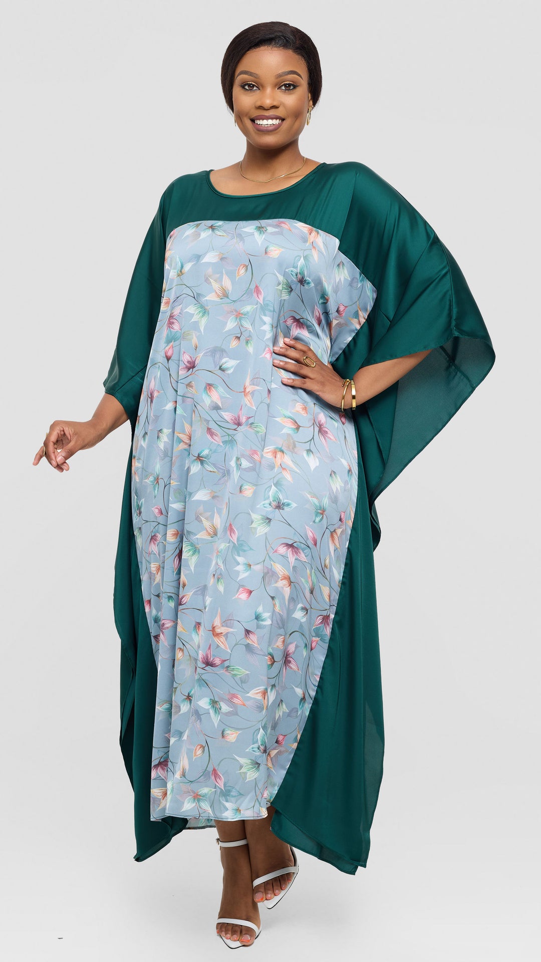 Vivo Keza Satin Border Maxi Kaftan - Mint / Olive Abstract Print