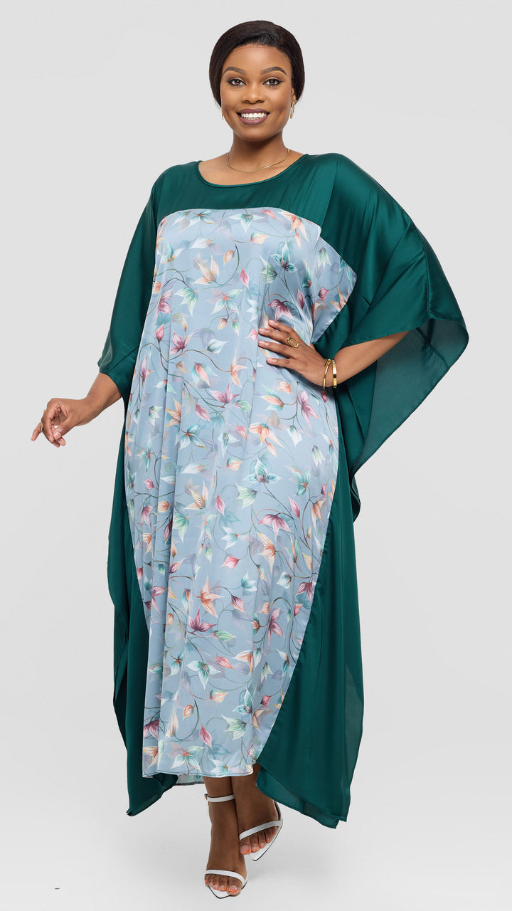 Vivo Keza Satin Border Maxi Kaftan - Mint / Olive Abstract Print