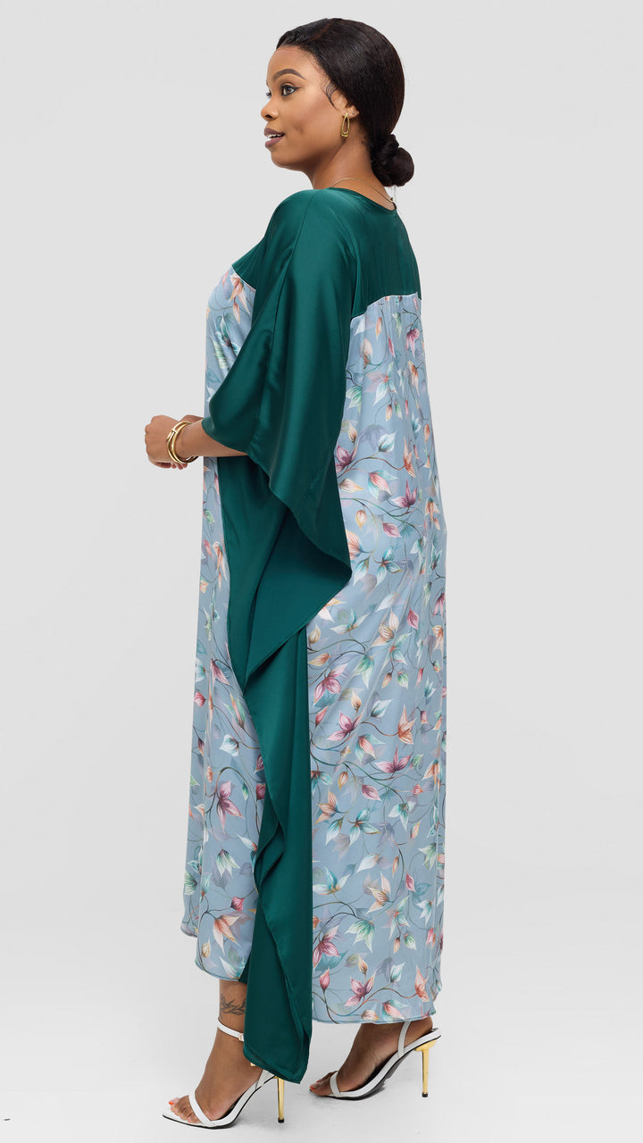 Vivo Keza Satin Border Maxi Kaftan - Mint / Olive Abstract Print