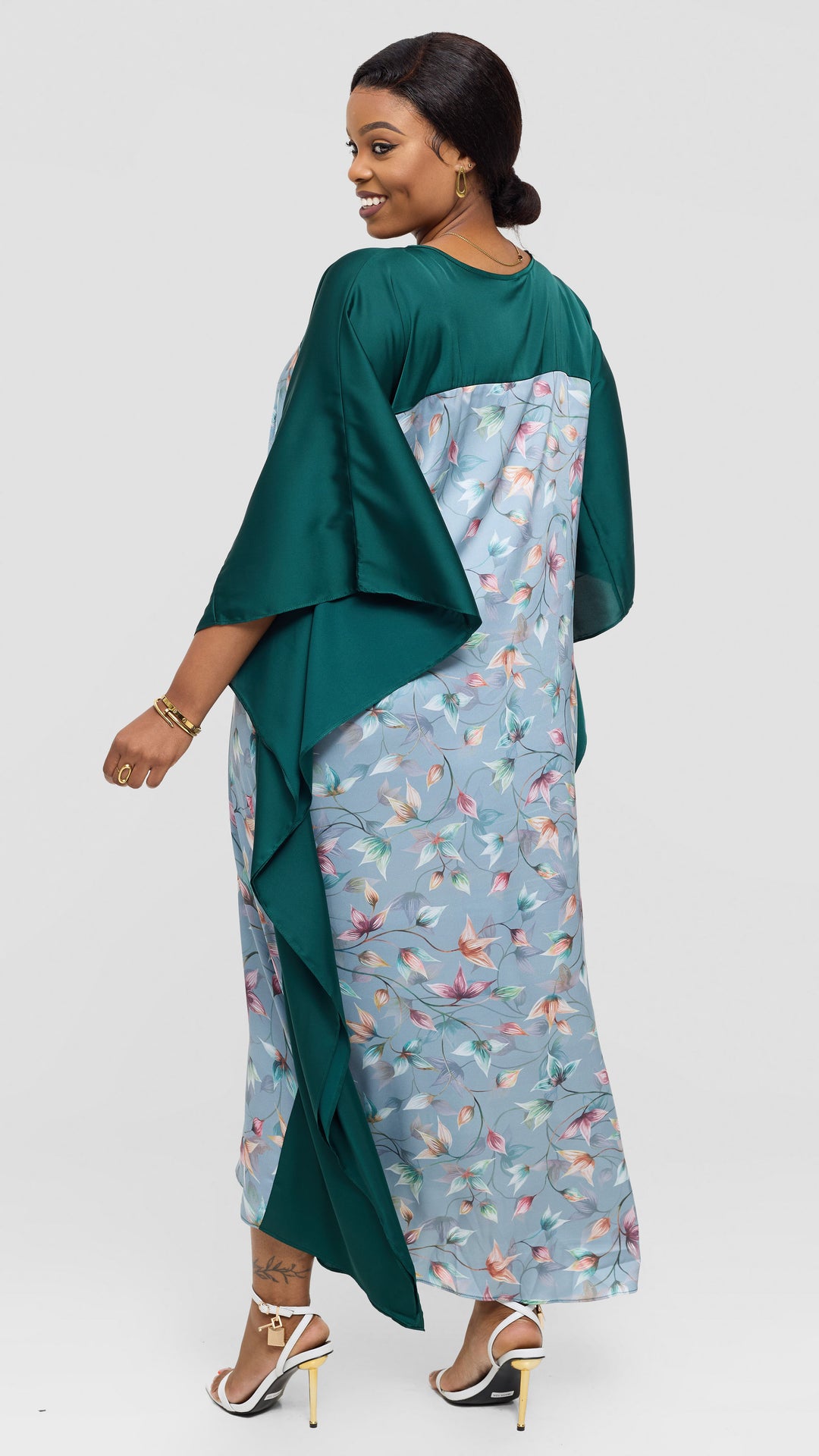 Vivo Keza Satin Border Maxi Kaftan - Mint / Olive Abstract Print