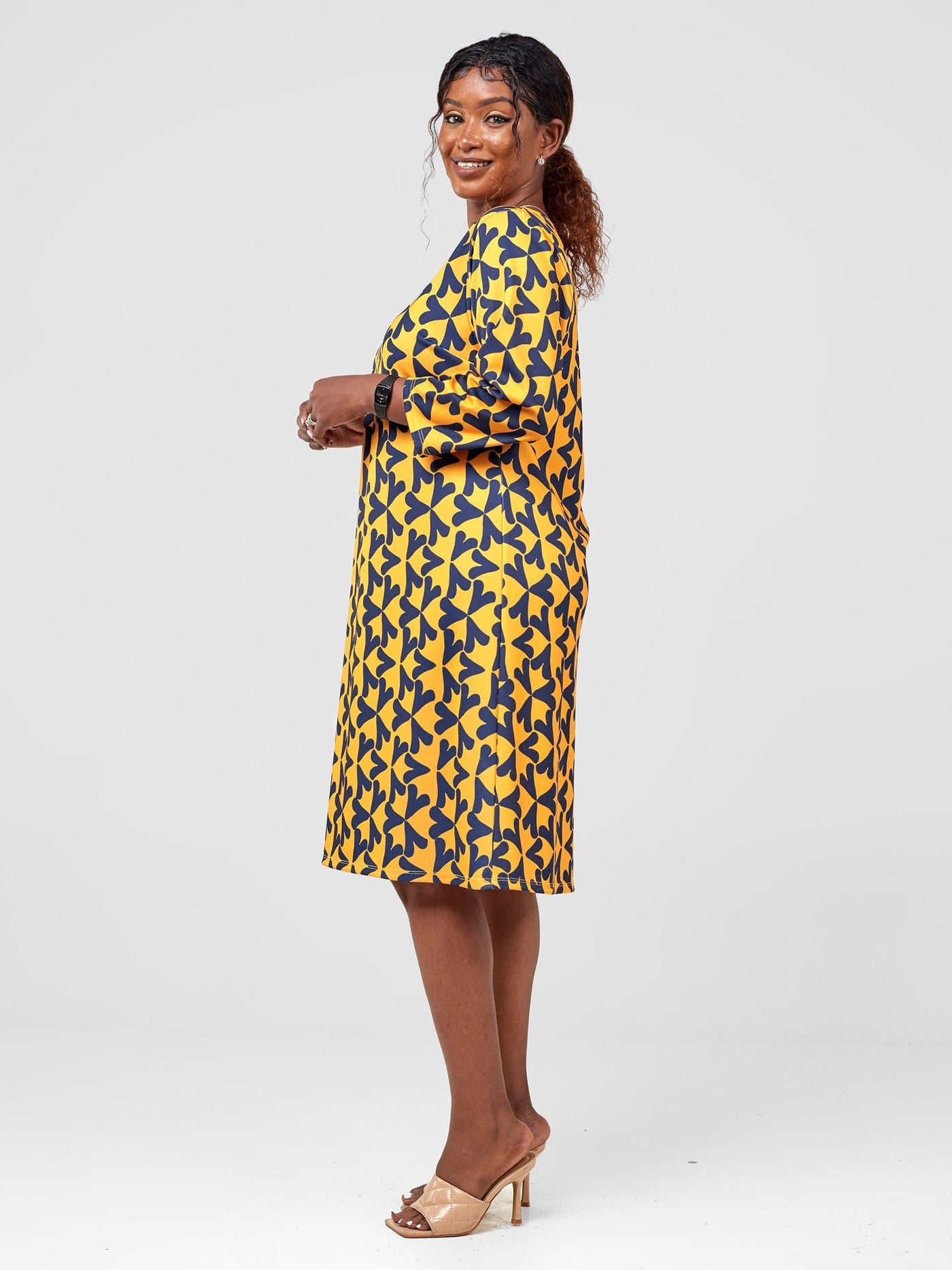 Vivo Tatili 3/4 Sleeve A Line Dress - Mustard / Navy Zawi Print - Shopzetu