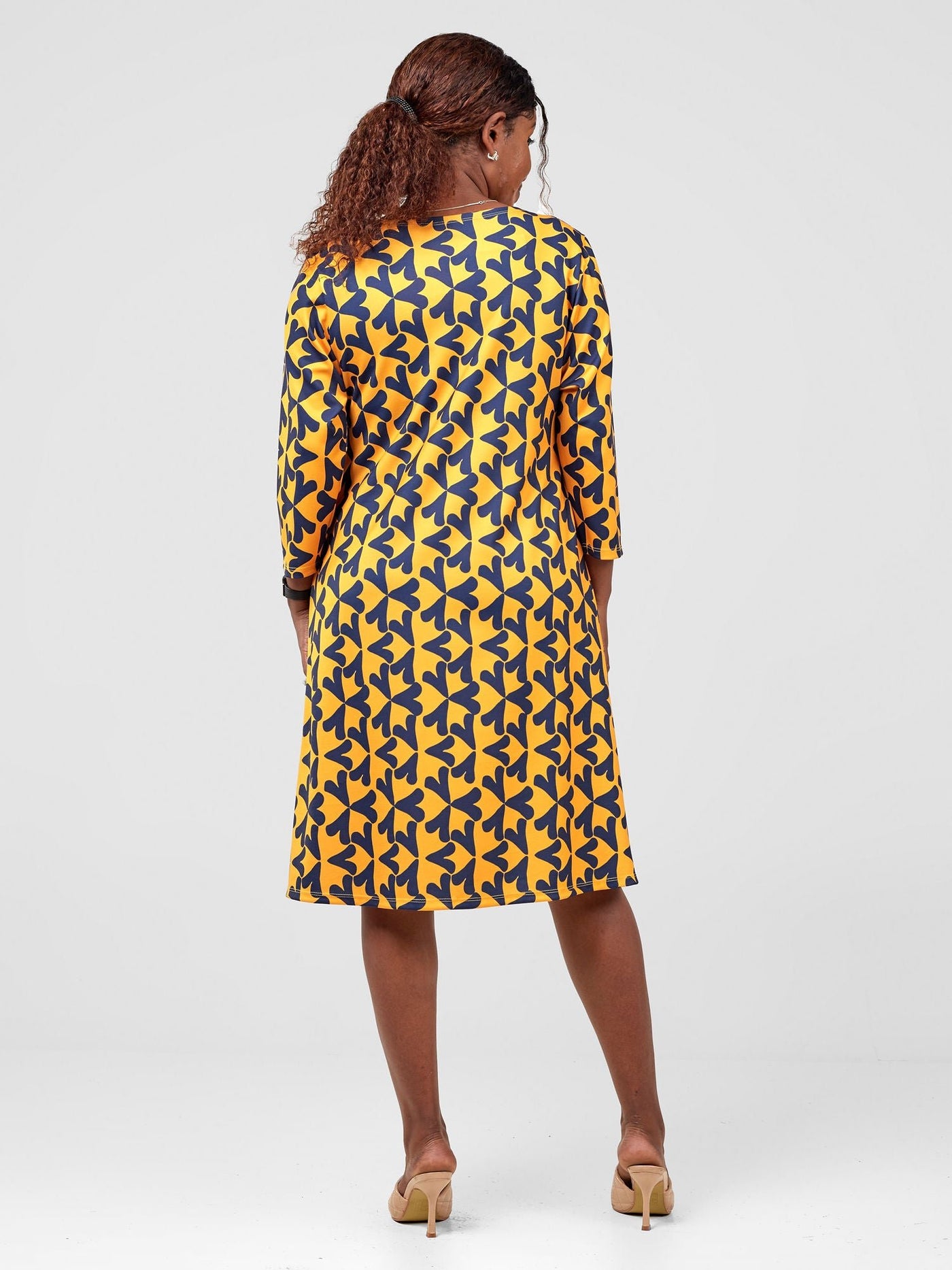 Vivo Tatili 3/4 Sleeve A Line Dress - Mustard / Navy Zawi Print - Shopzetu