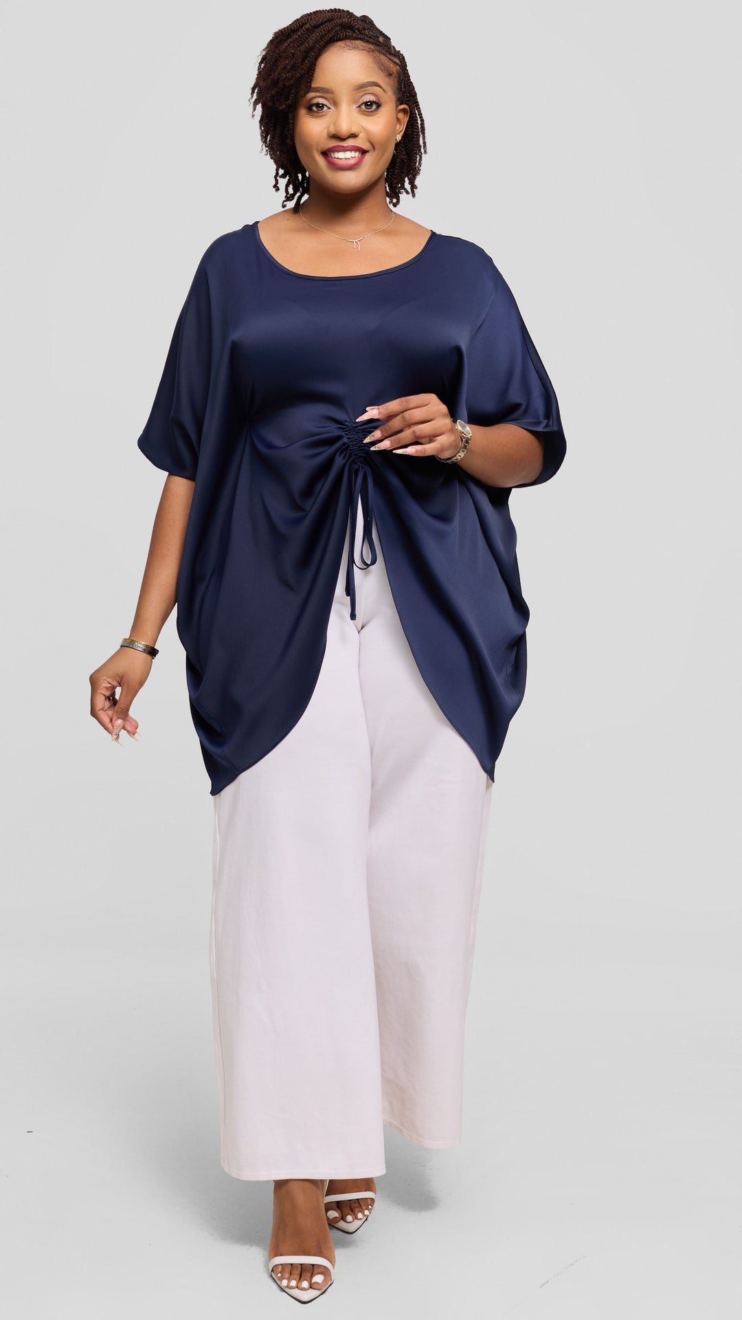 Vivo Ruched Maxi Top in Textured Satin - Navy Blue