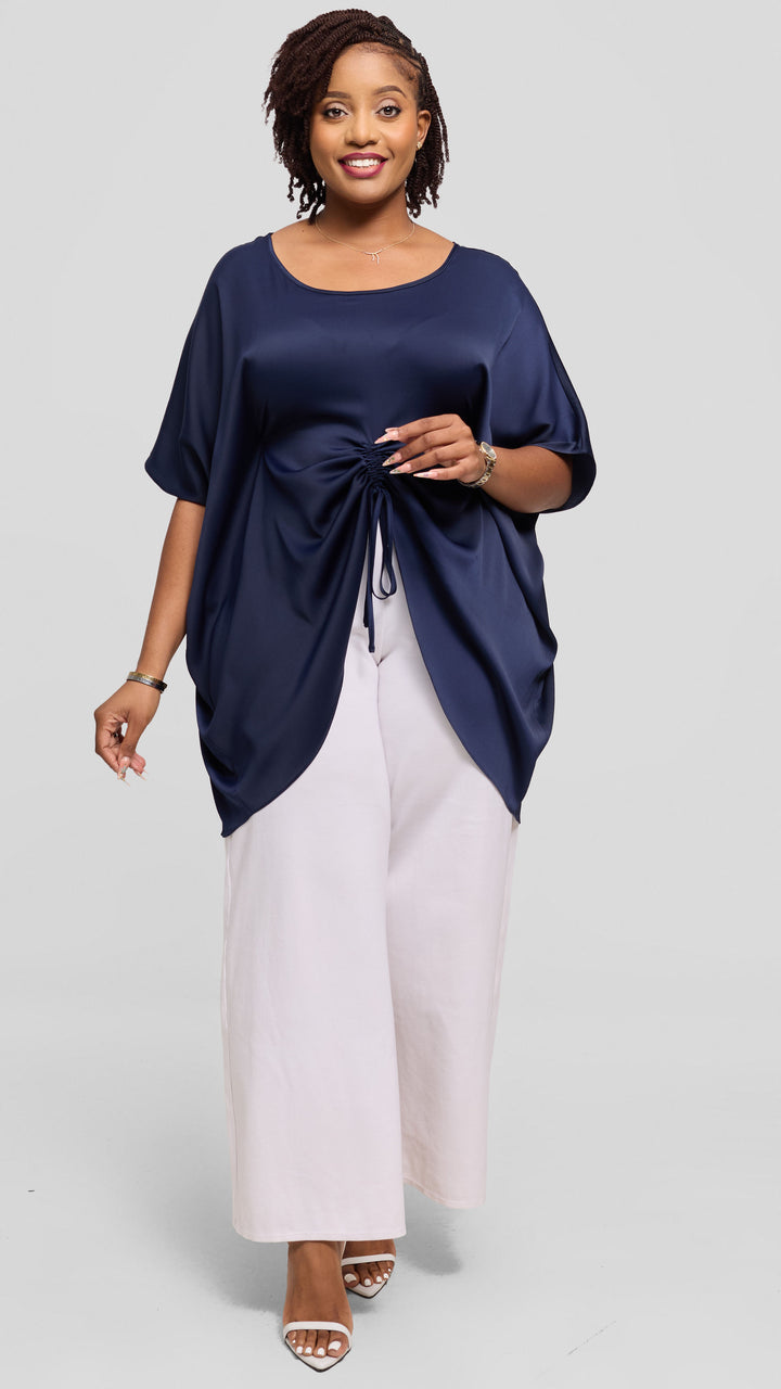 Vivo Ruched Maxi Top in Textured Satin - Navy Blue