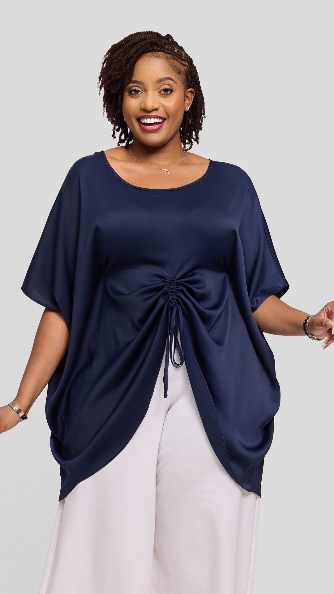 Vivo Ruched Maxi Top in Textured Satin - Navy Blue