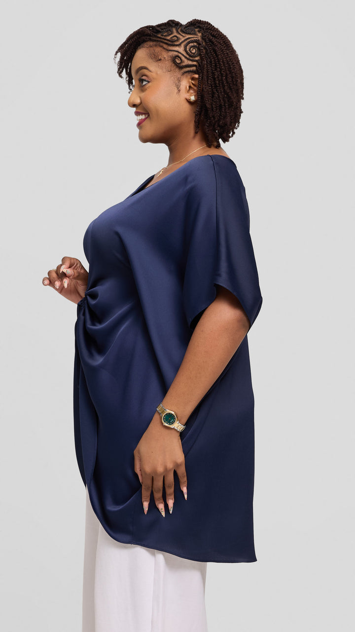 Vivo Ruched Maxi Top in Textured Satin - Navy Blue