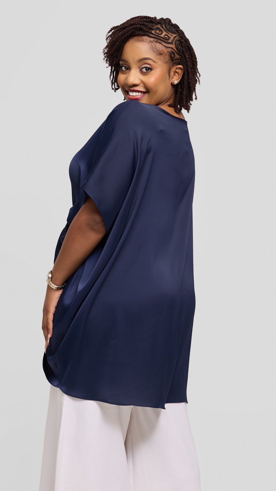 Vivo Ruched Maxi Top in Textured Satin - Navy Blue