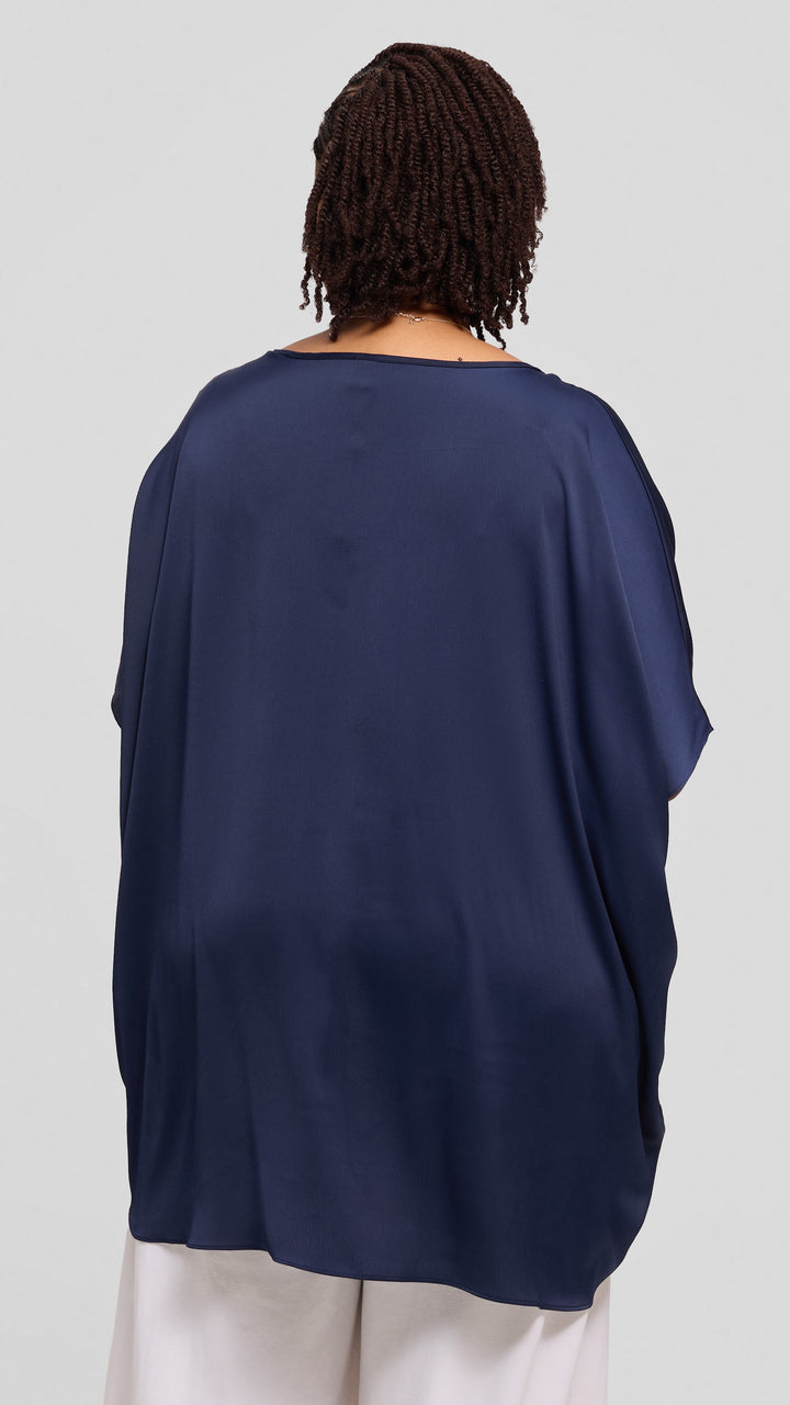 Vivo Ruched Maxi Top in Textured Satin - Navy Blue