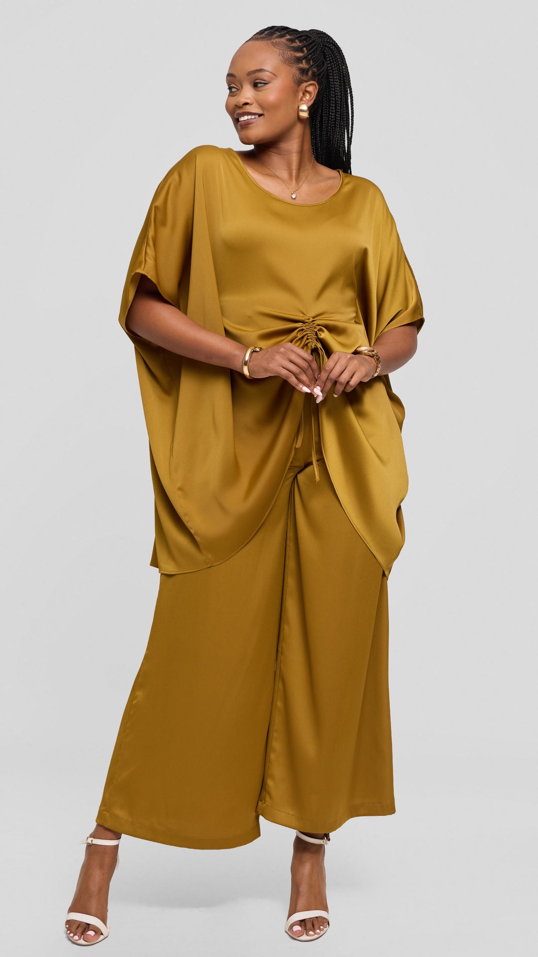Vivo Ruched Maxi Top in Textured Satin - Dark Olive