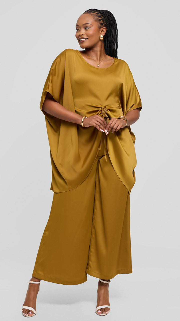 Vivo Ruched Maxi Top in Textured Satin - Dark Olive