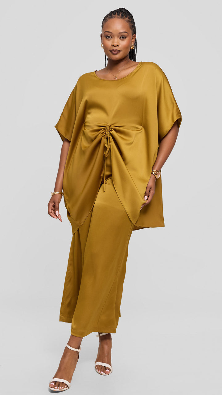 Vivo Ruched Maxi Top in Textured Satin - Dark Olive