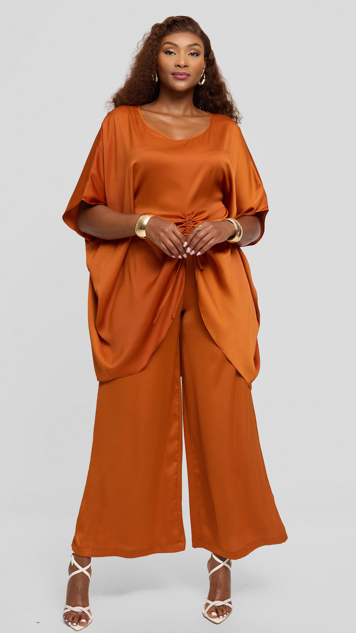 Vivo Wide Leg Pants in Textured Satin - Rust