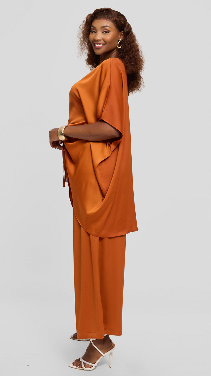 Vivo Wide Leg Pants in Textured Satin - Rust