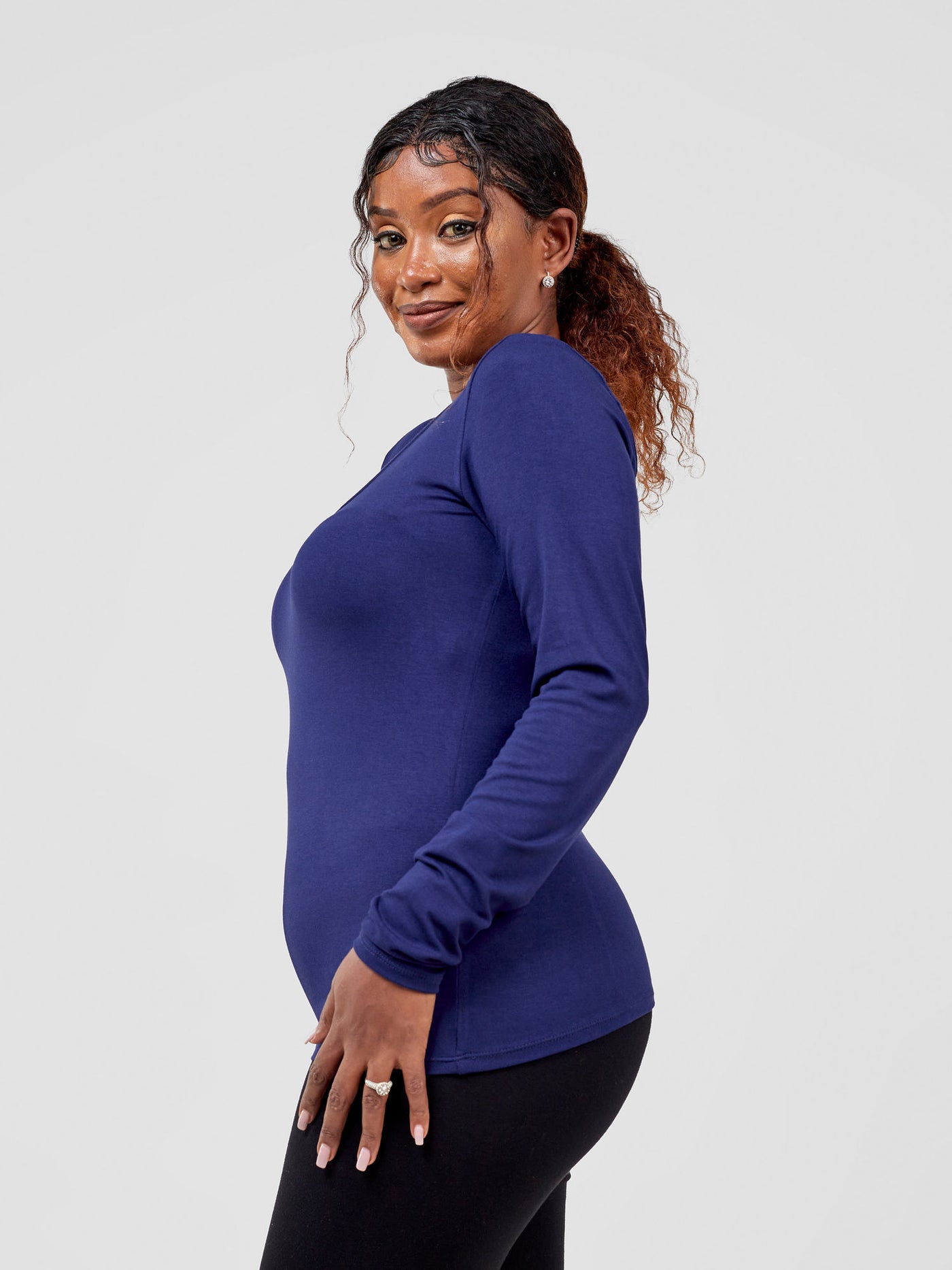 Vivo Basic V-Neck Long Sleeve Top - Navy Blue