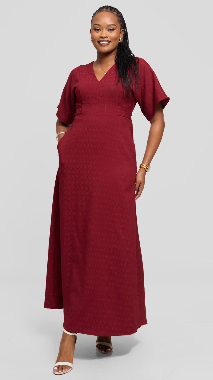 Vivo Tie Waist Kimono Maxi Dress in Textured Crepe - Maroon