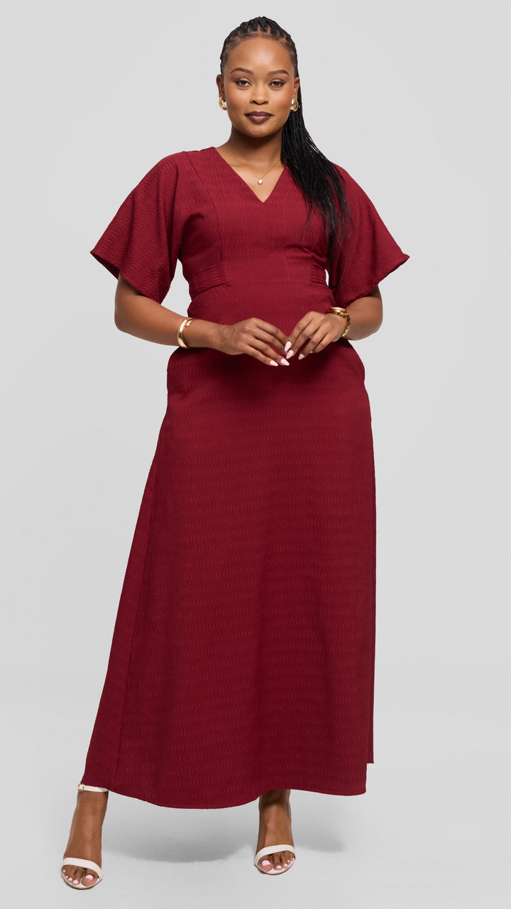 Vivo Tie Waist Kimono Maxi Dress in Textured Crepe - Maroon