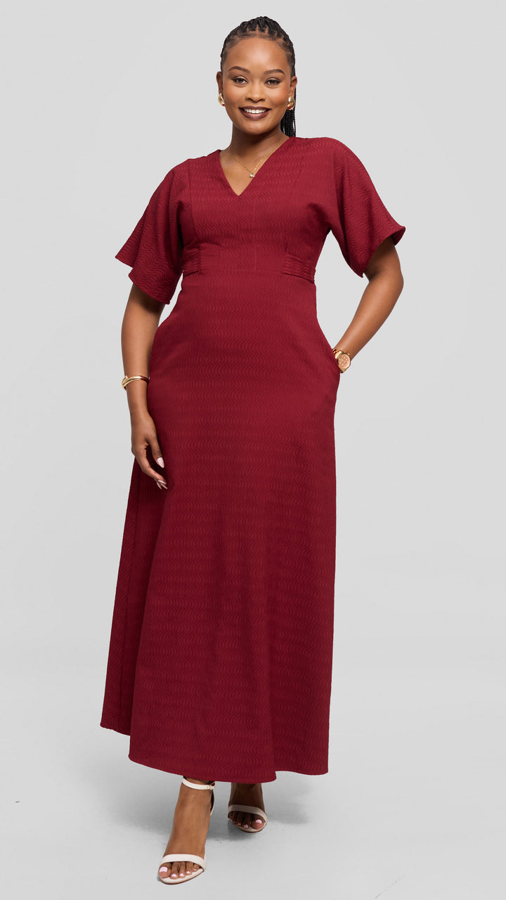 Vivo Tie Waist Kimono Maxi Dress in Textured Crepe - Maroon