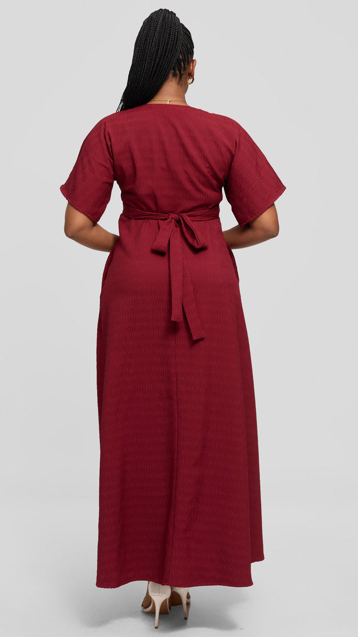 Vivo Tie Waist Kimono Maxi Dress in Textured Crepe - Maroon