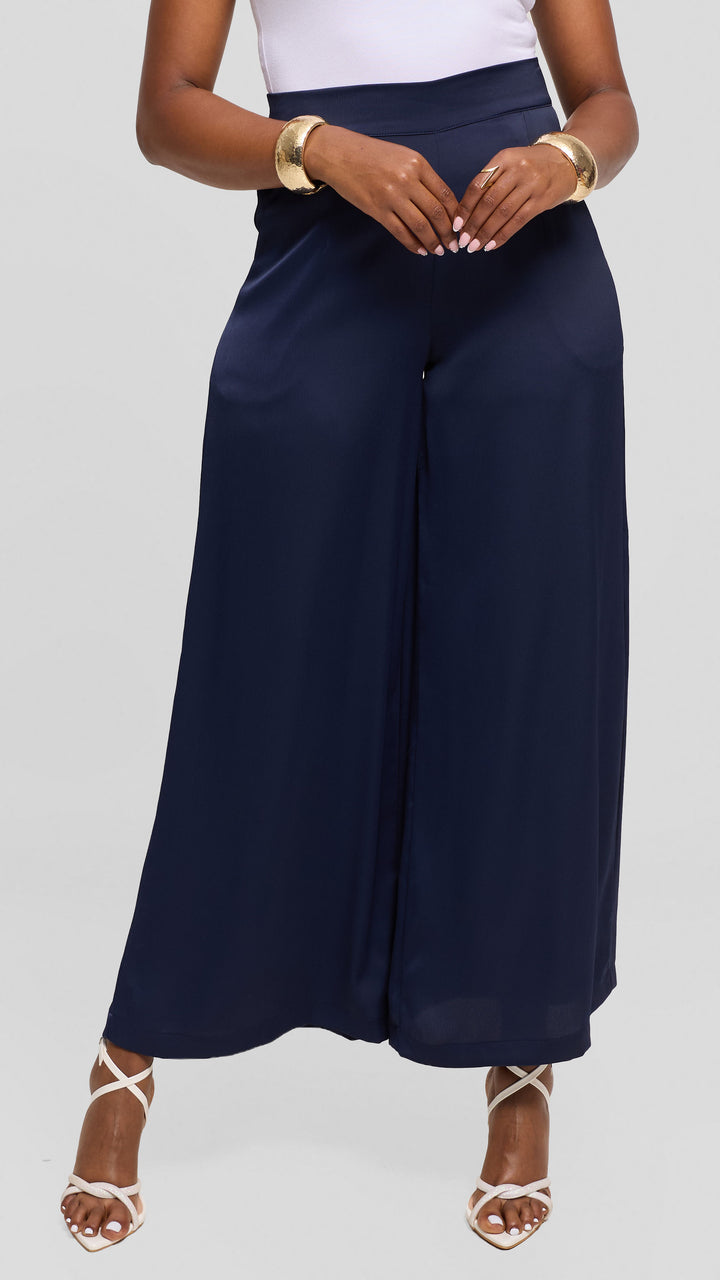 Vivo Wide Leg Pants in Textured Satin - Navy Blue