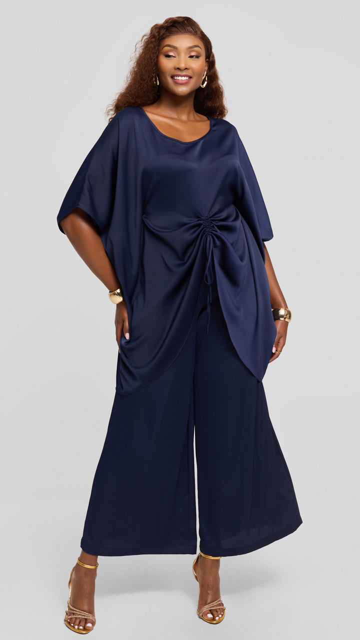 Vivo Wide Leg Pants in Textured Satin - Navy Blue