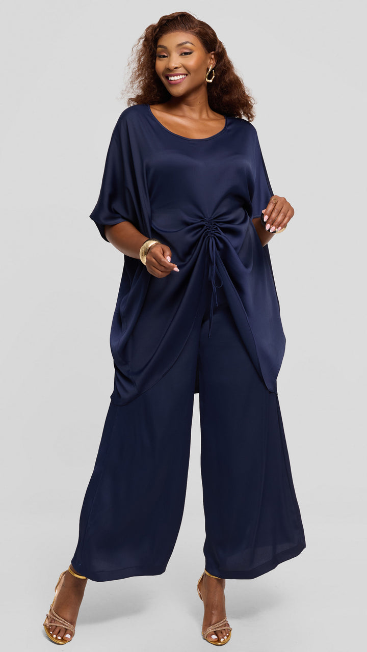 Vivo Wide Leg Pants in Textured Satin - Navy Blue