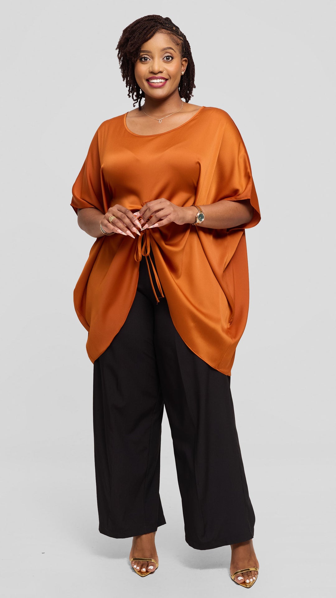 Vivo Ruched Maxi Top in Textured Satin - Rust