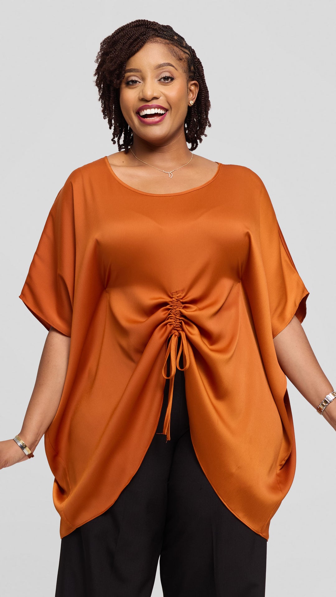 Vivo Ruched Maxi Top in Textured Satin - Rust