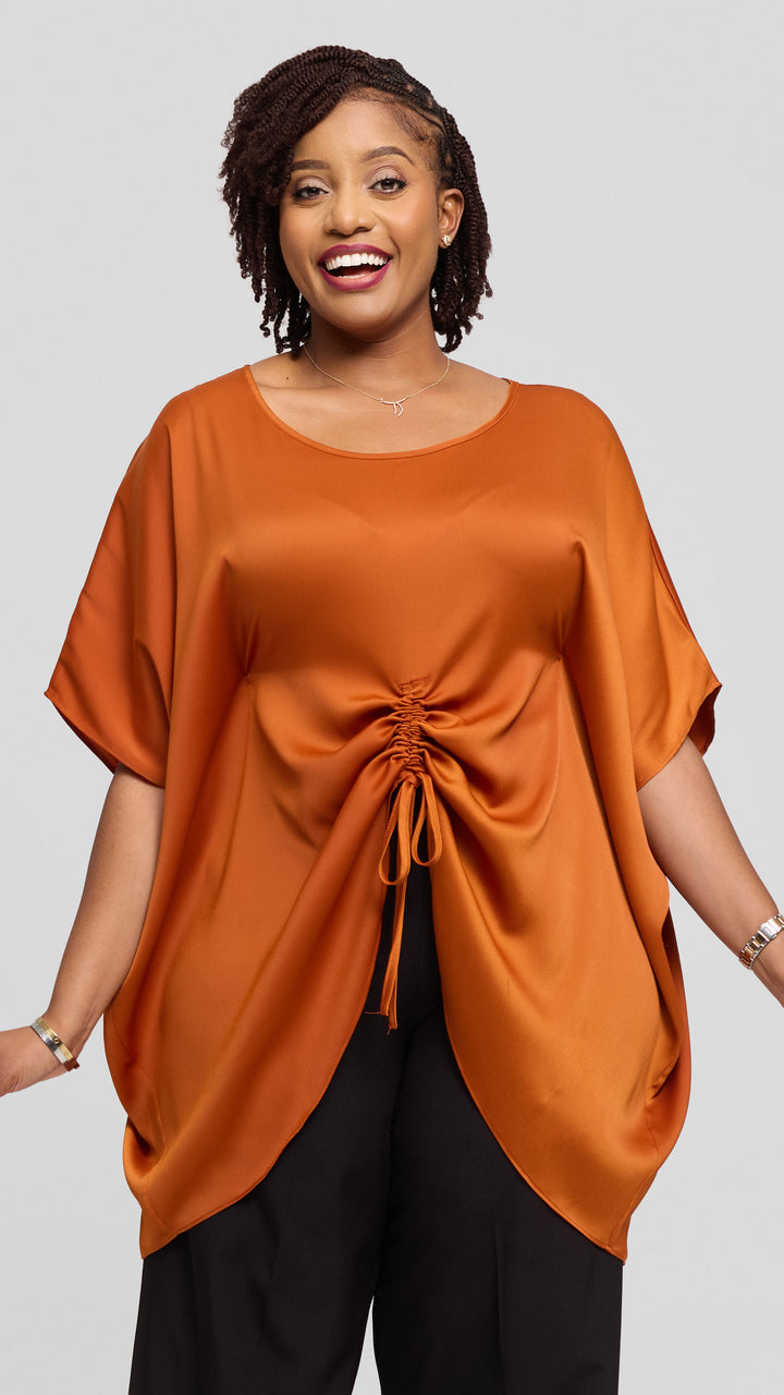 Vivo Ruched Maxi Top in Textured Satin - Rust