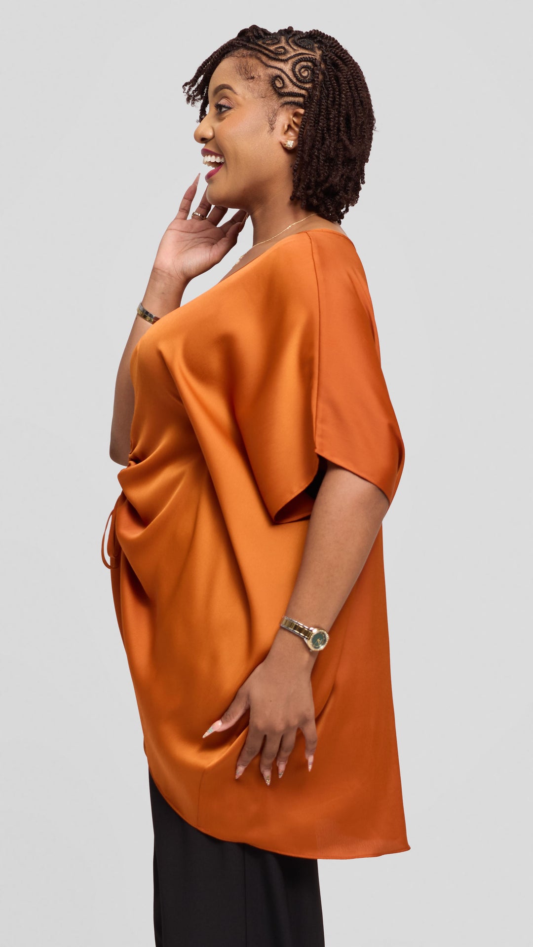 Vivo Ruched Maxi Top in Textured Satin - Rust