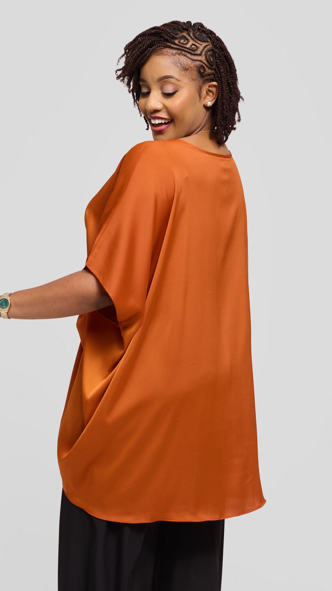 Vivo Ruched Maxi Top in Textured Satin - Rust