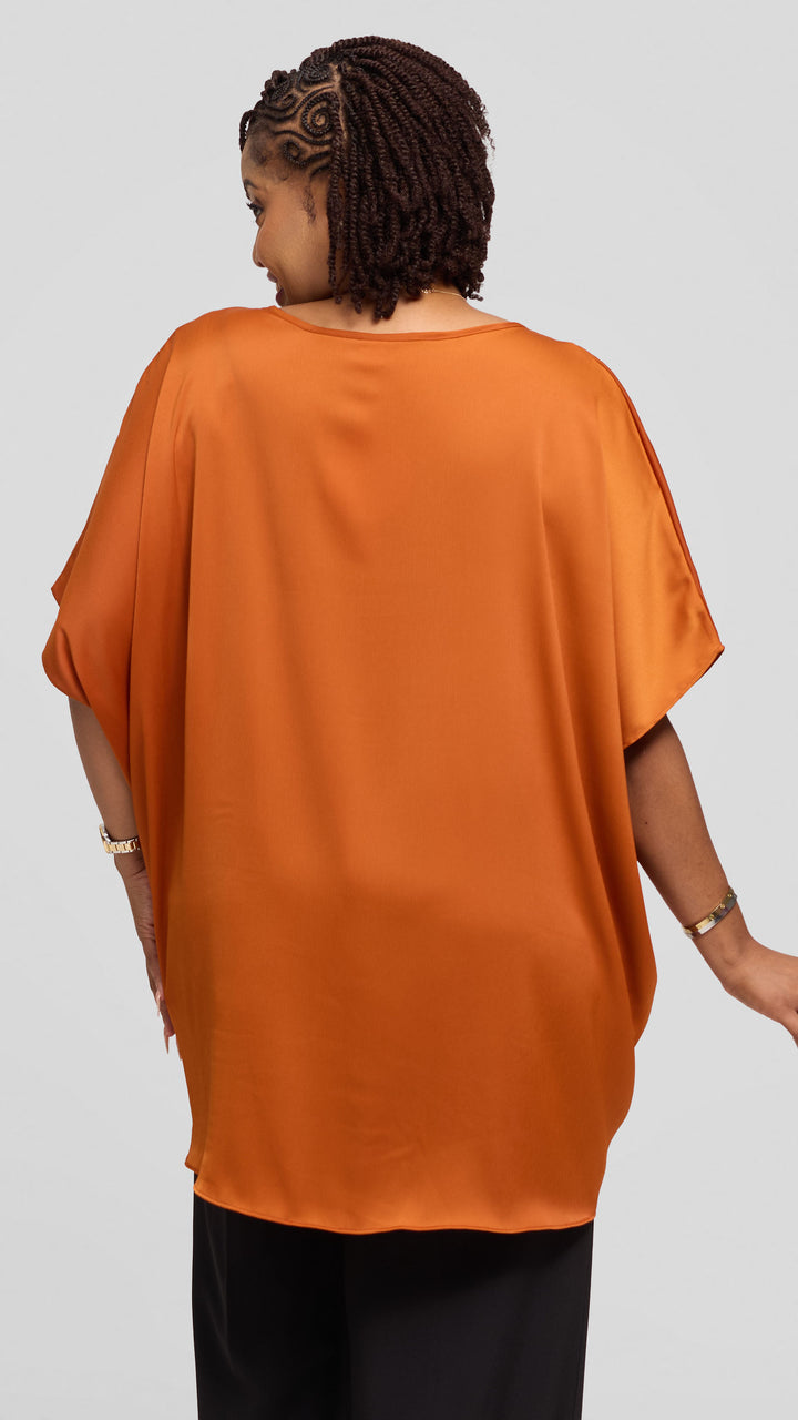 Vivo Ruched Maxi Top in Textured Satin - Rust