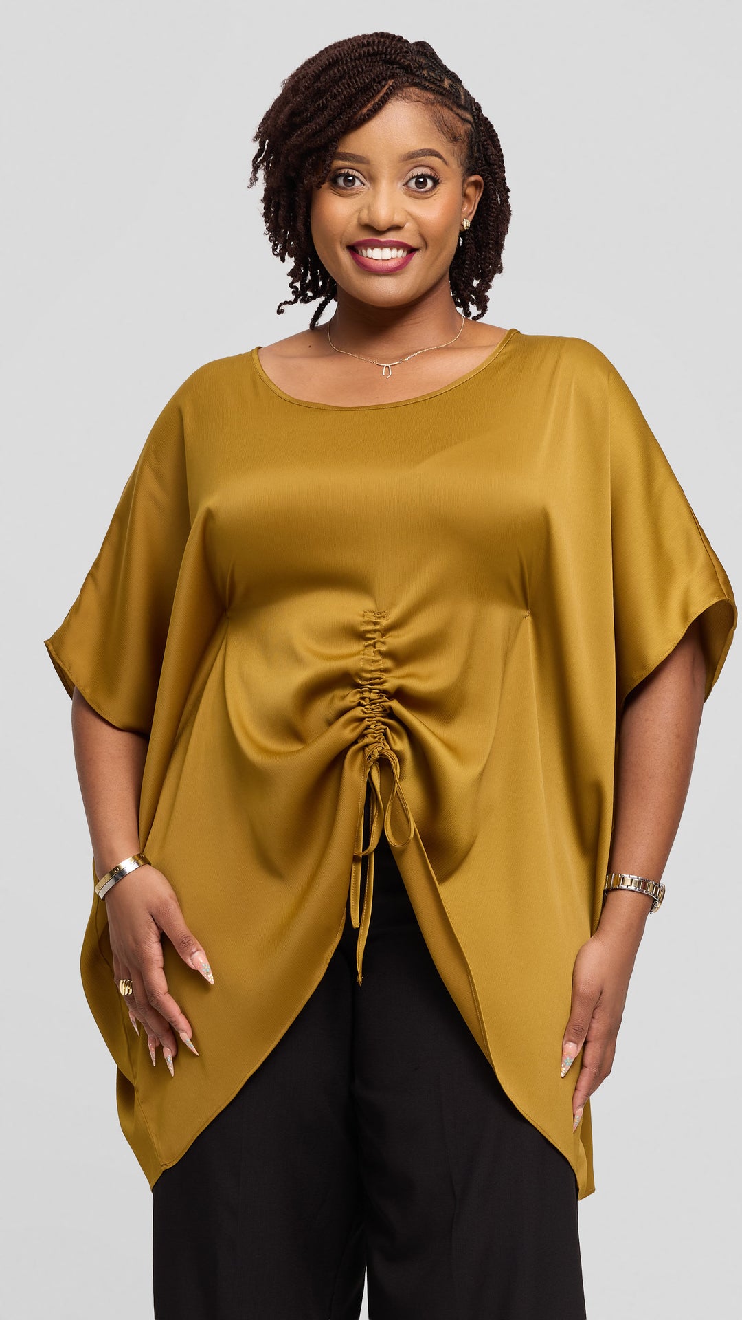 Vivo Ruched Maxi Top in Textured Satin - Dark Olive