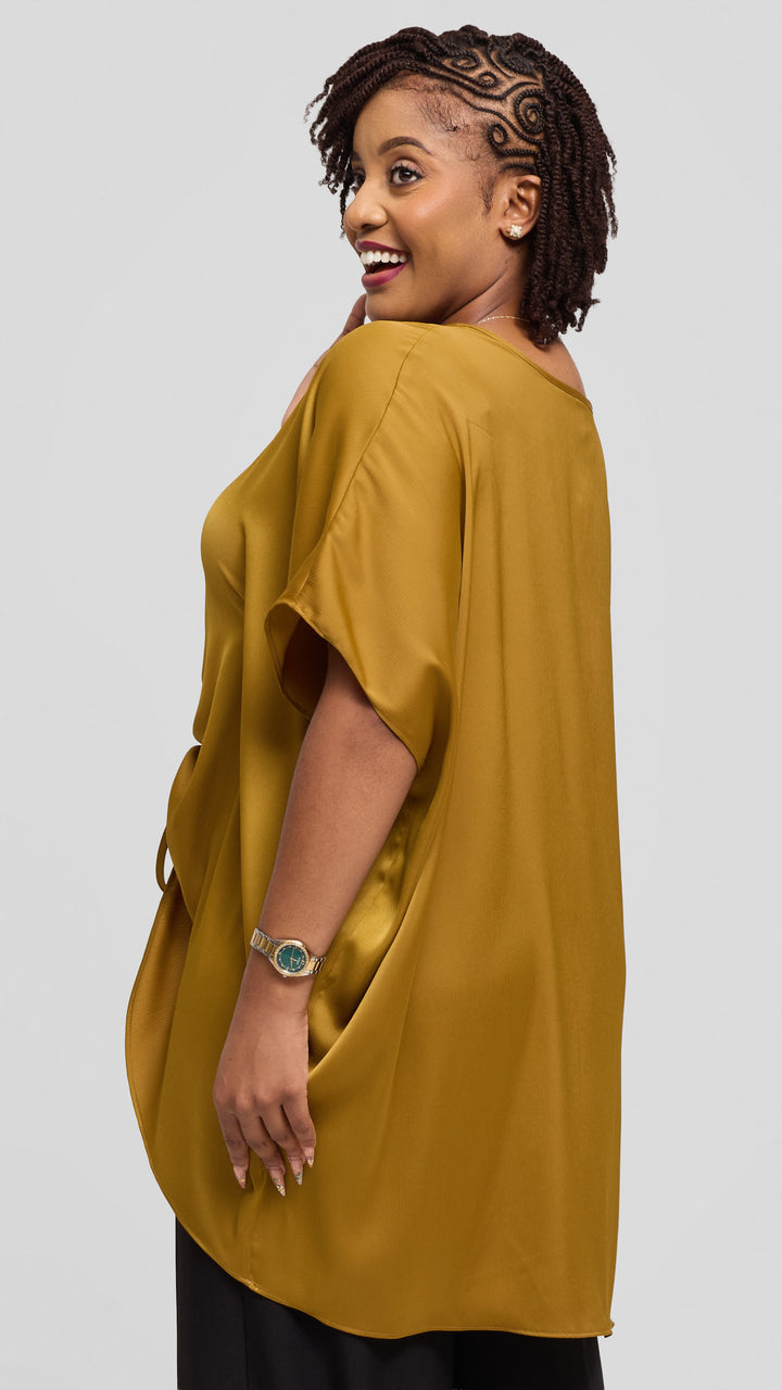Vivo Ruched Maxi Top in Textured Satin - Dark Olive