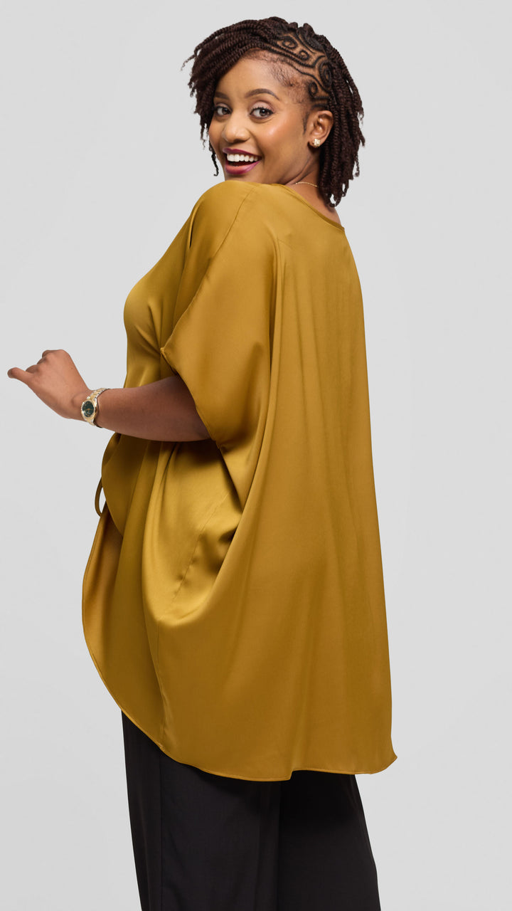 Vivo Ruched Maxi Top in Textured Satin - Dark Olive
