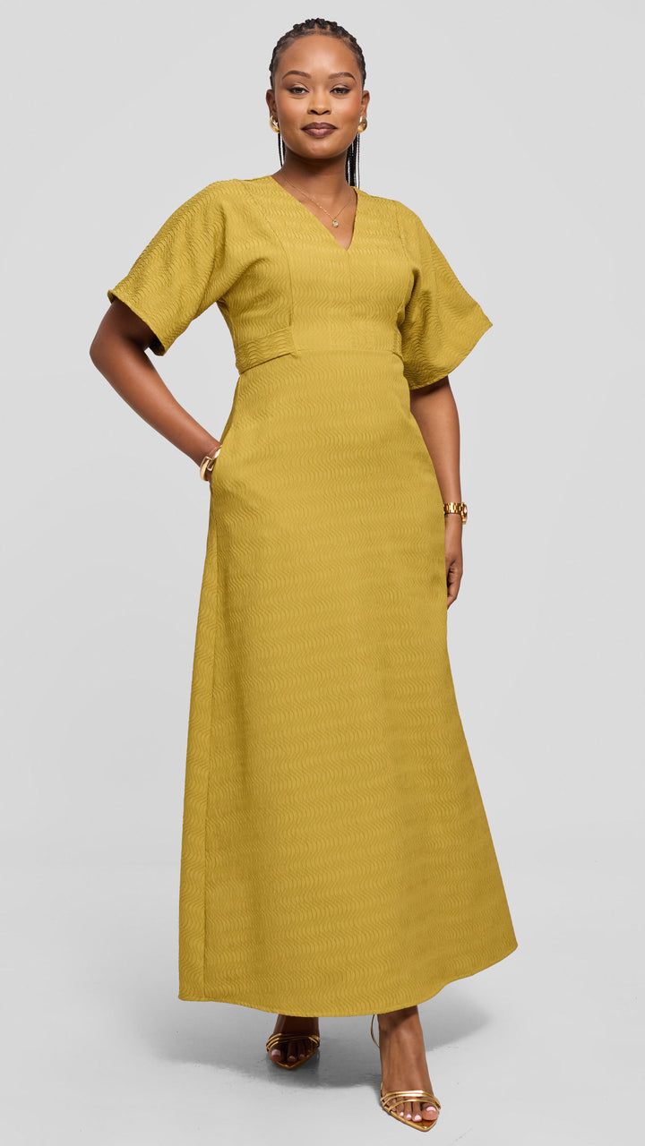 Vivo Tie Waist Kimono Maxi Dress in Textured Crepe - Olive
