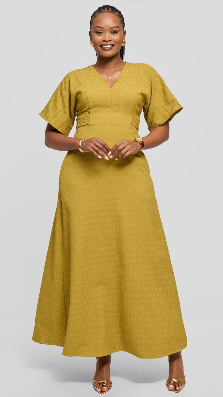 Vivo Tie Waist Kimono Maxi Dress in Textured Crepe - Olive