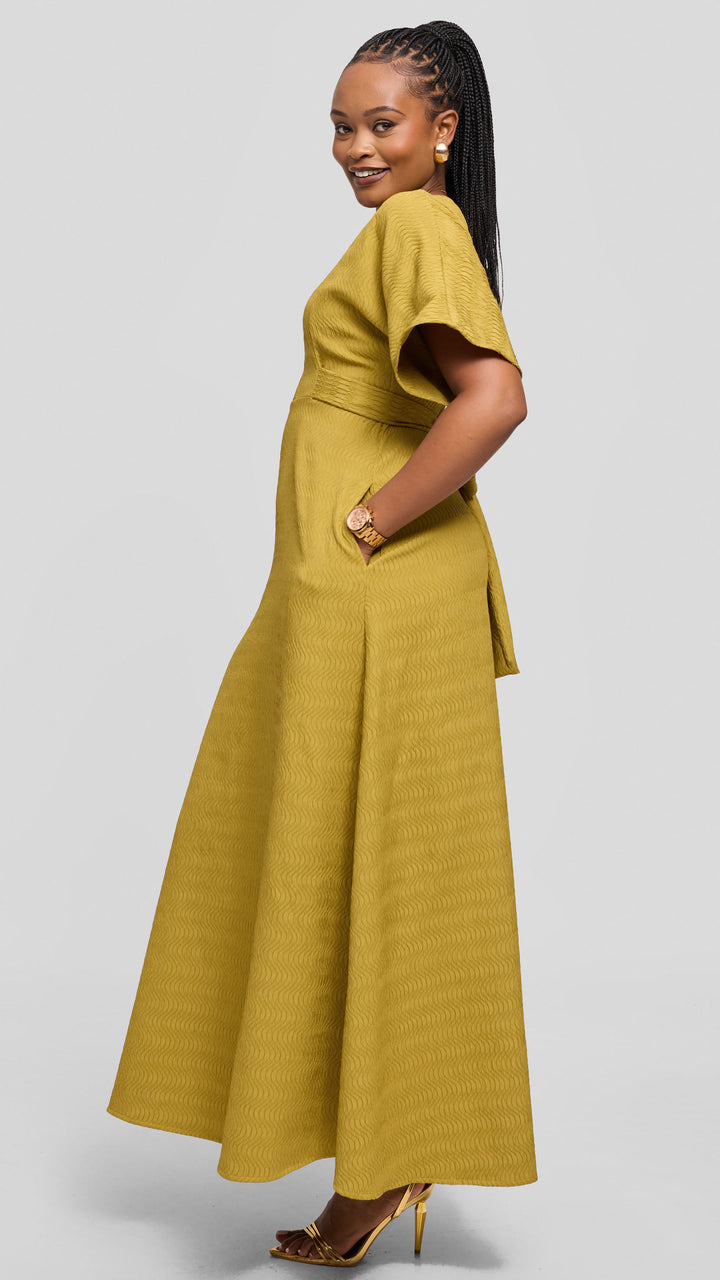 Vivo Tie Waist Kimono Maxi Dress in Textured Crepe - Olive
